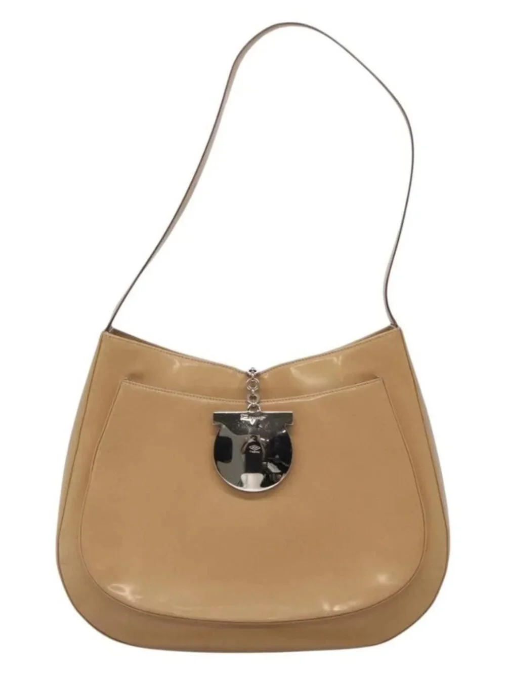 Salvatore Ferragamo Shoulder Bag Enamel Beige Silver Auth bs29120